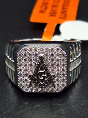 925 Sterling Silver Moissanite Masonic Signet Ring with Pavé Moissanite Stones
